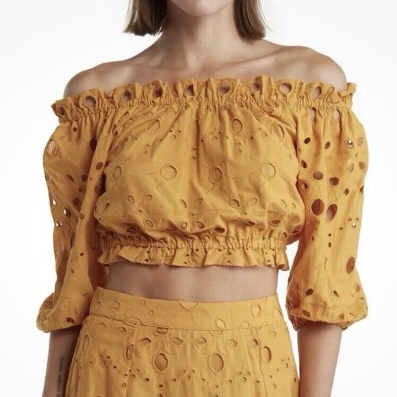 Walter Baker Mirelle Marigold Eyelet Off Shoulder Puff Sleeve Crop Top Large - Picture 1 of 9